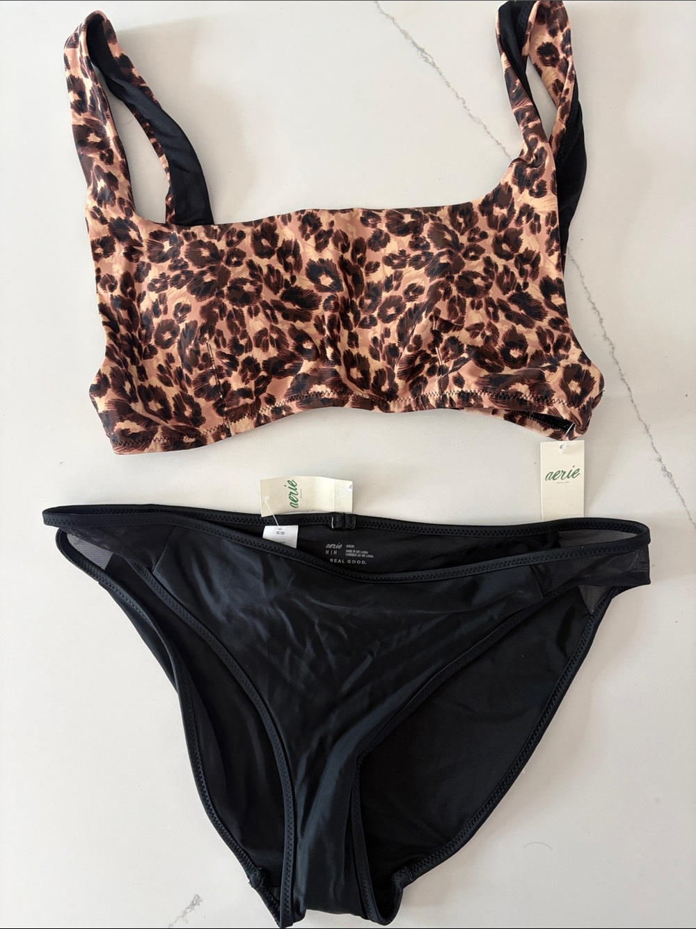 aerie Leopard Print Bralette Bikini Top with Black Bottoms